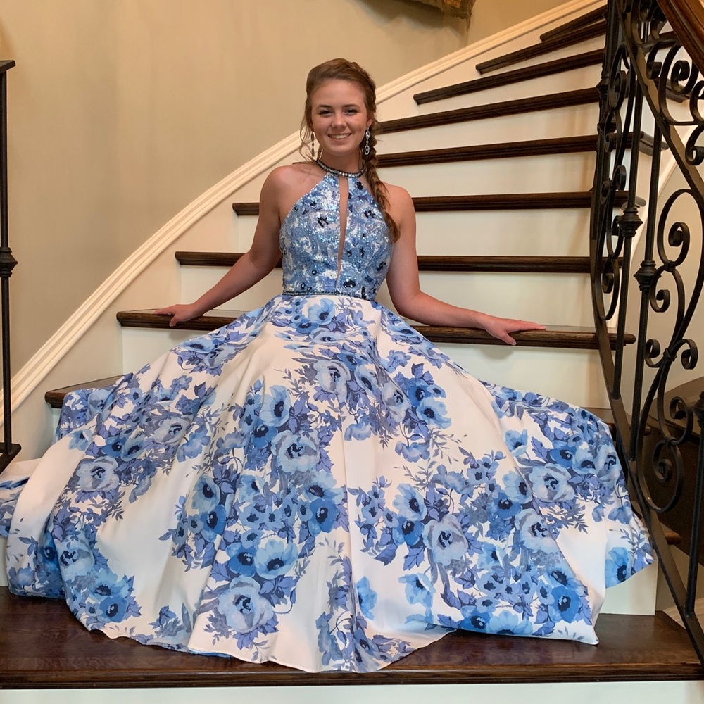 Sherry Hill Blue Flora Prom or Pageant Dress